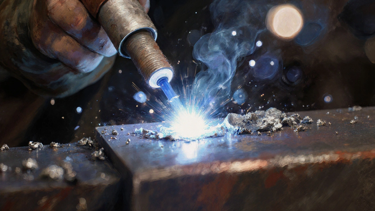 Близкий план электрода с дугой и расплавленным металлом, капли и искры вокруг, флюс на покрытии.