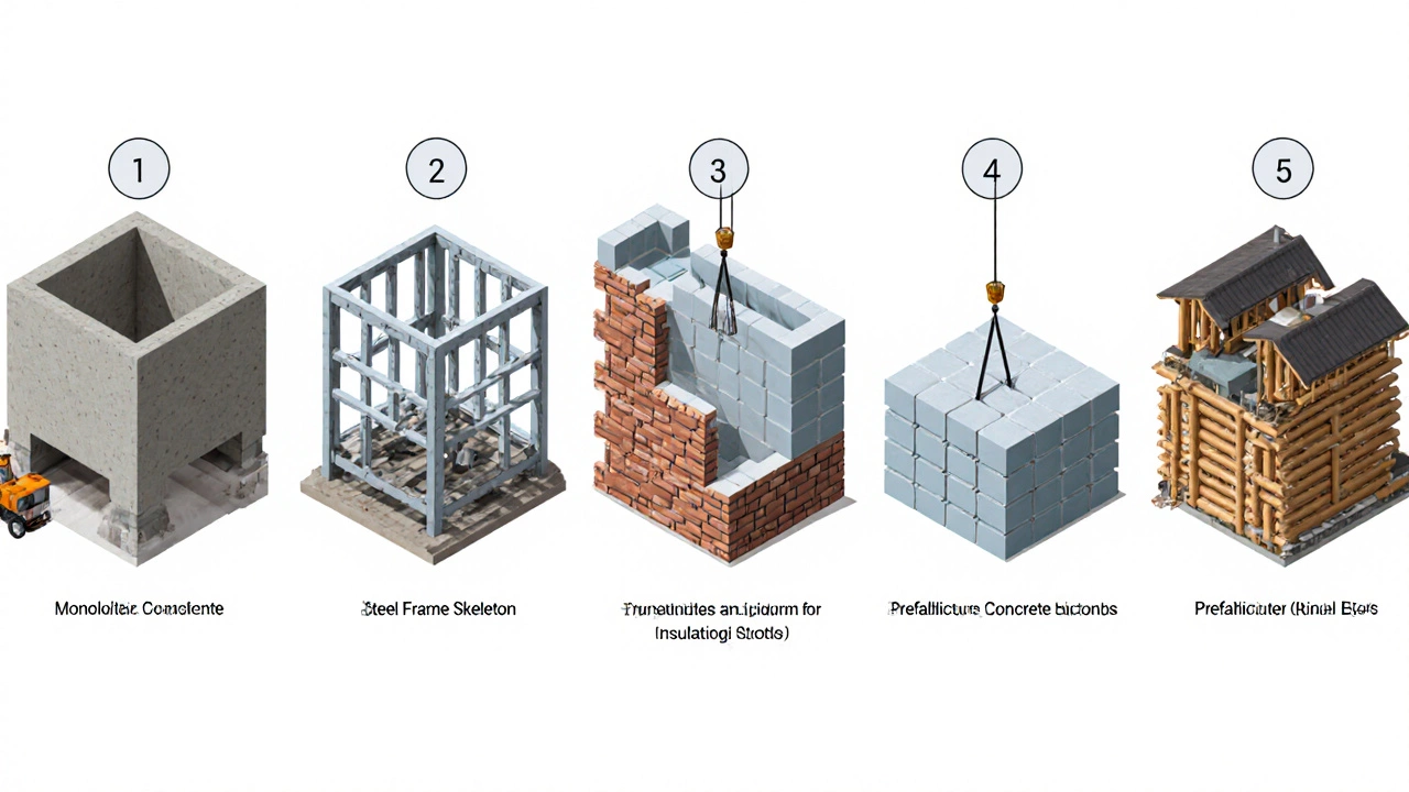 Изометрическая схема пяти методов строительства домов.