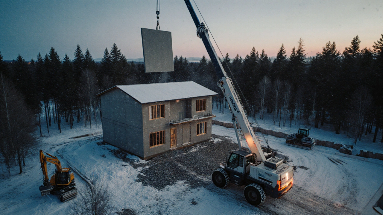 Подъёмный кран поднимает крупный блок на строящийся дом в снежную погоду.