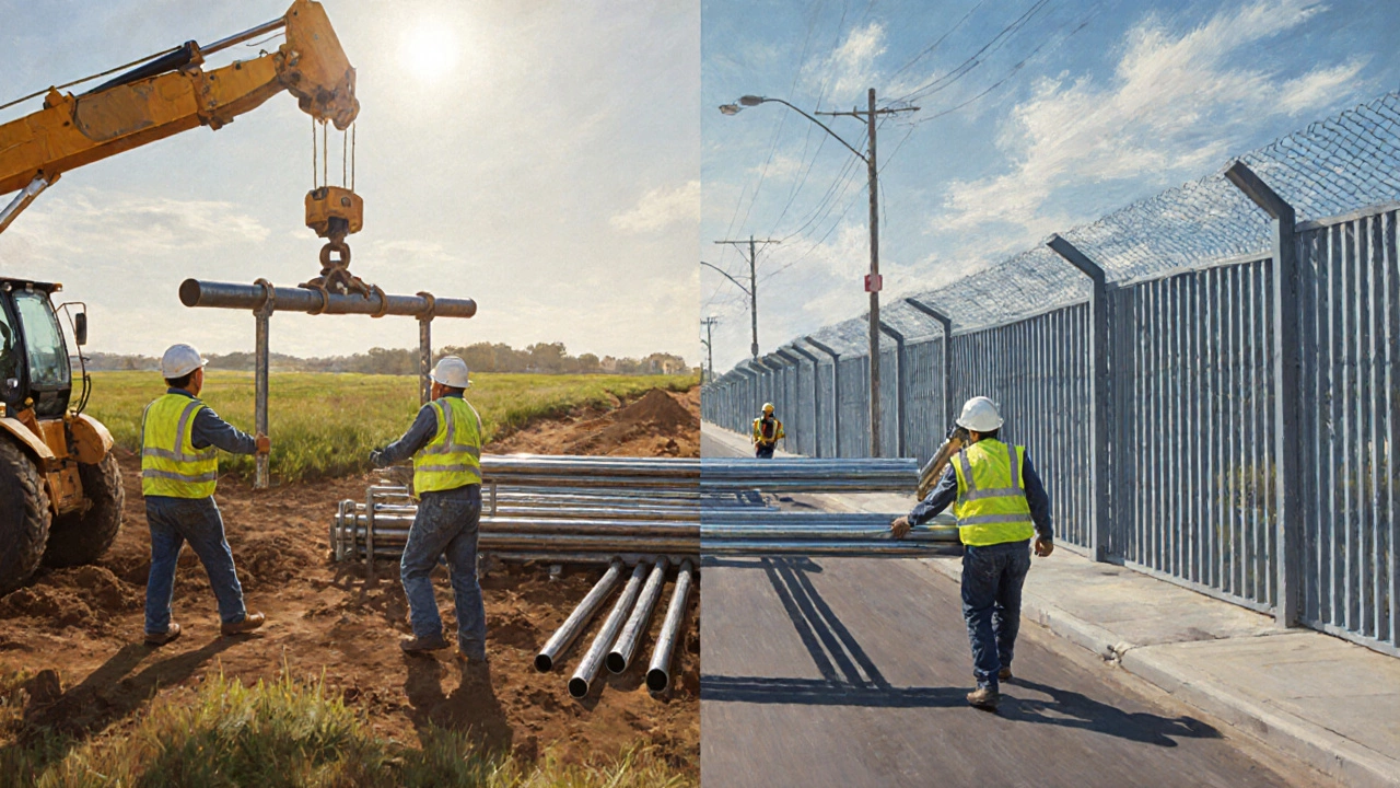 Рабочие выбирают между кругляком и трубой для строительства забора, показывая различия.