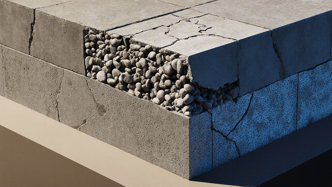 Разрез бетона: плотная структура с отсутствием пустот рядом с треснувшим образцом.