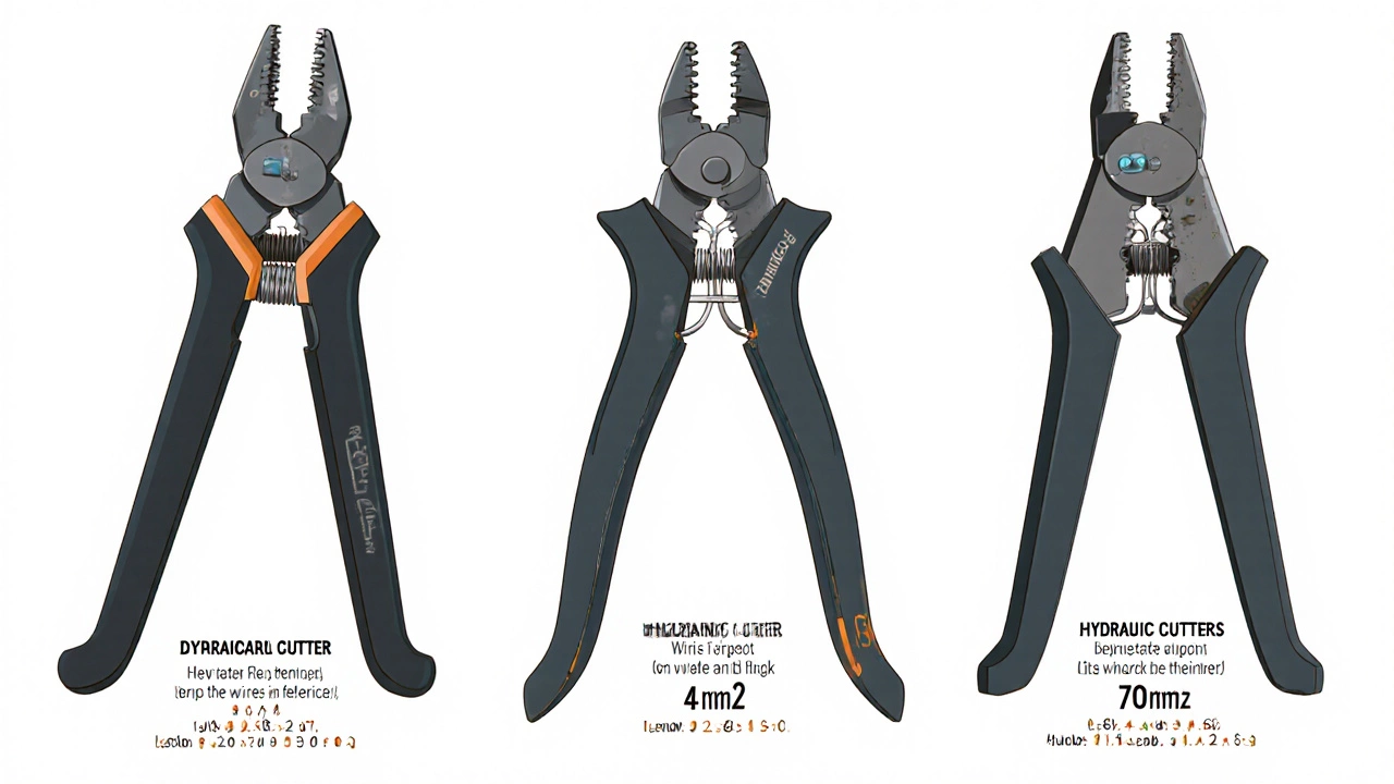 Сравнение трёх типов инструментов для резки проводов разных сечений.