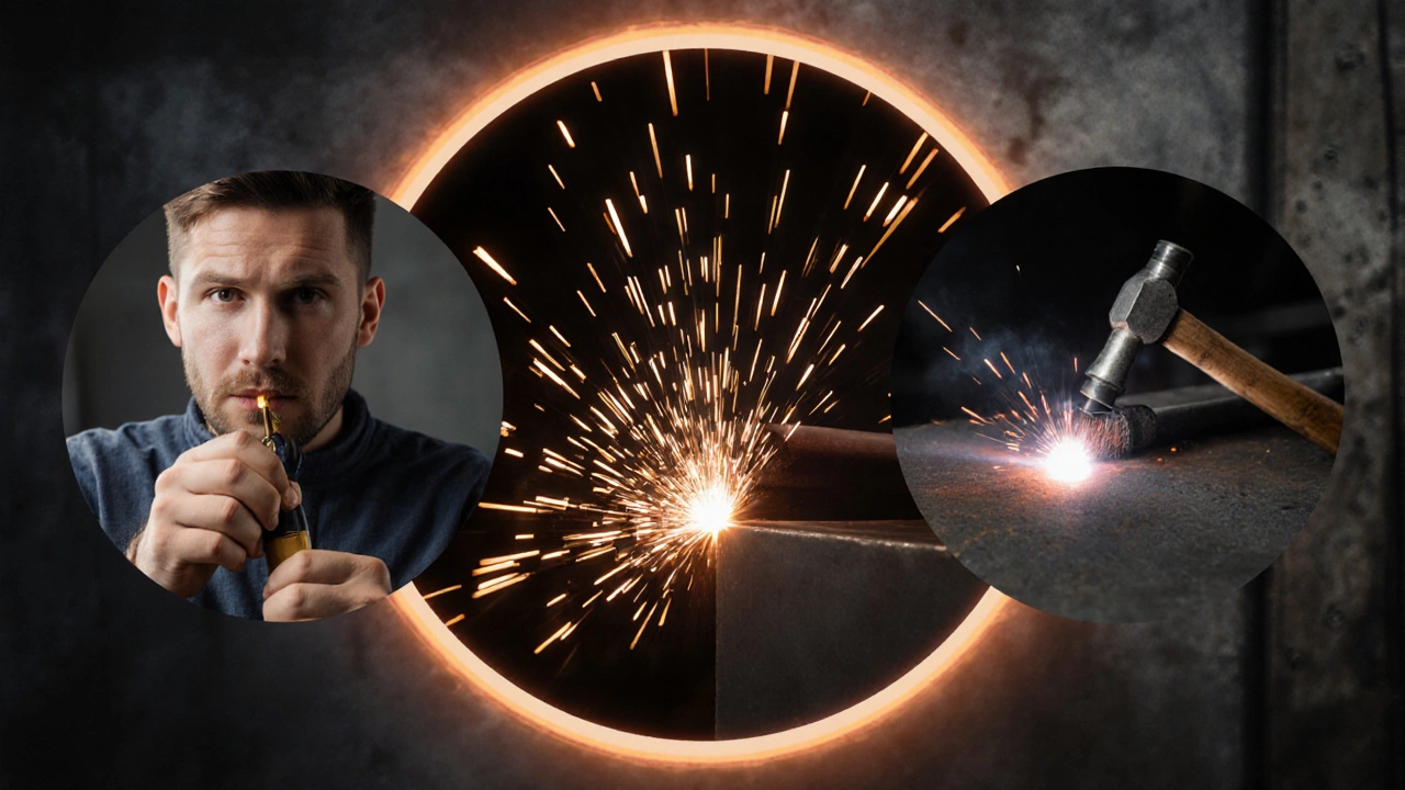 Три этапа обучения сварке: страх, дуга, ровный шов — все в одном кадре, символизируя прогресс.