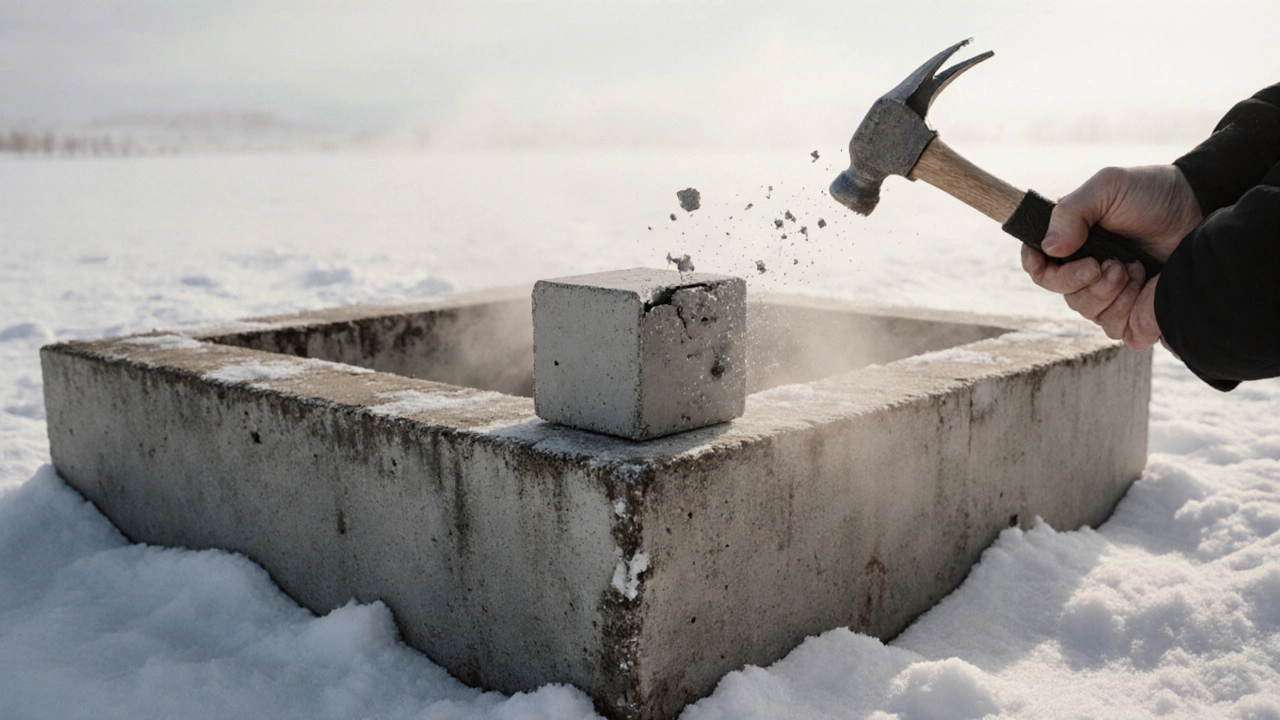 Удар молотком по бетонному кубу — один осколок отлетает, остальное цело.