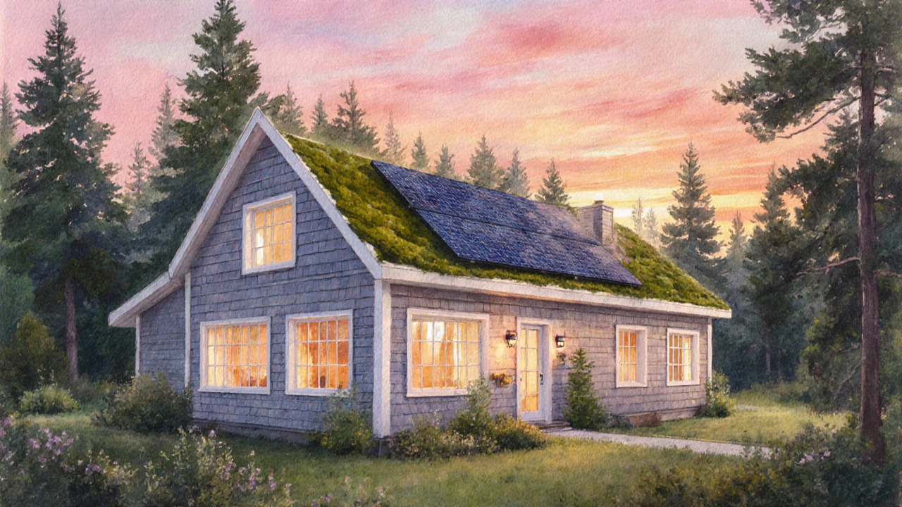 Водяная живопись дома в лесу на рассвете, показывающая энергоэффективность.