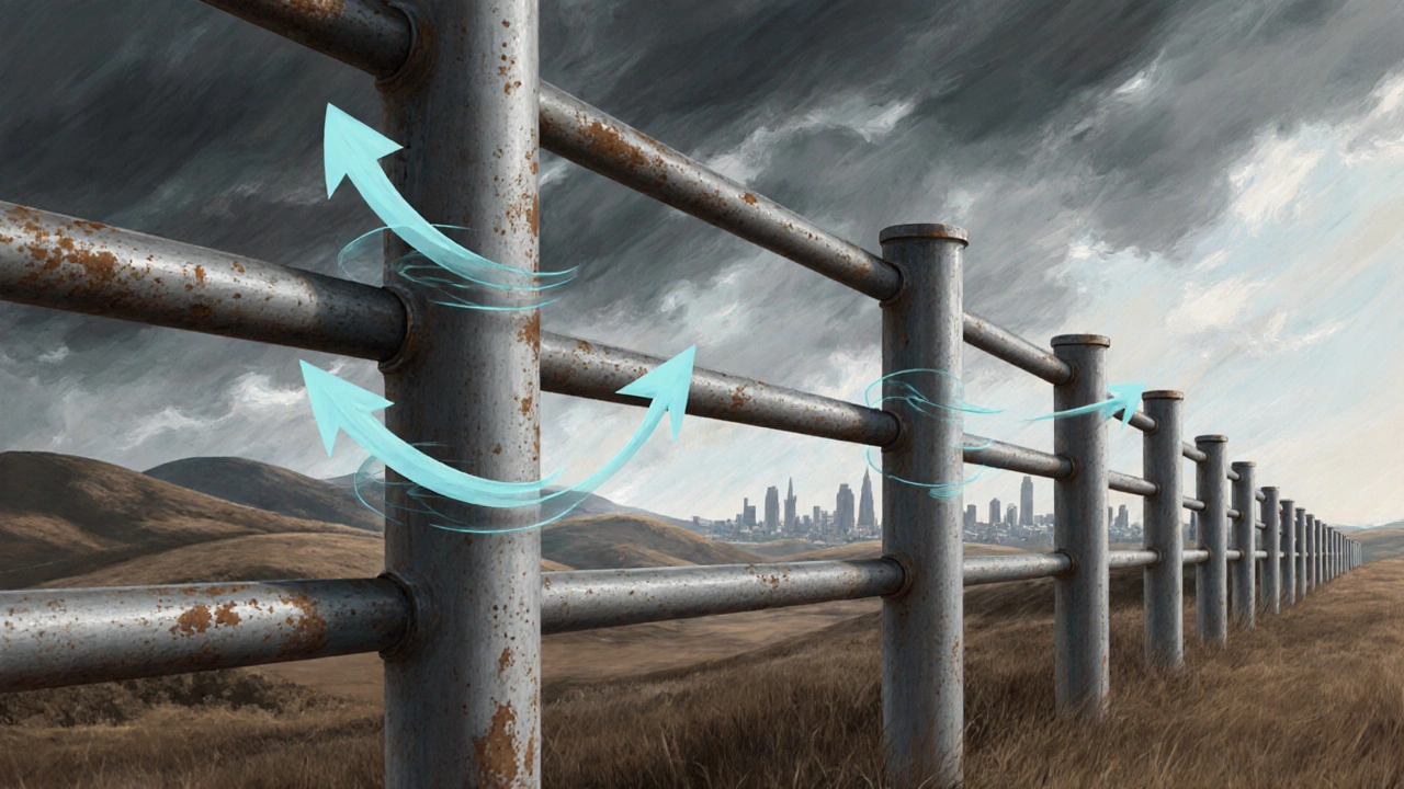 Забор со стойками из кругляка и перекладинами из трубы под действием ветра.