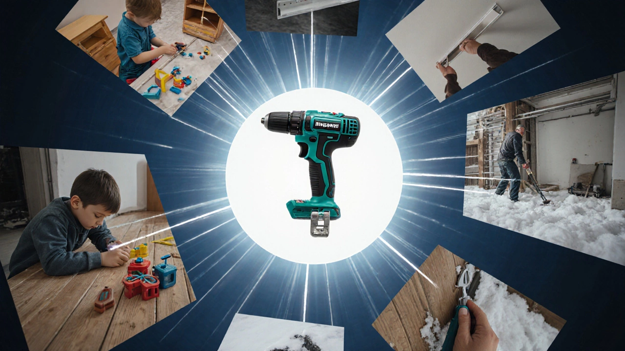 Абстрактное изображение шуруповерта как центрального инструмента современного строительства.