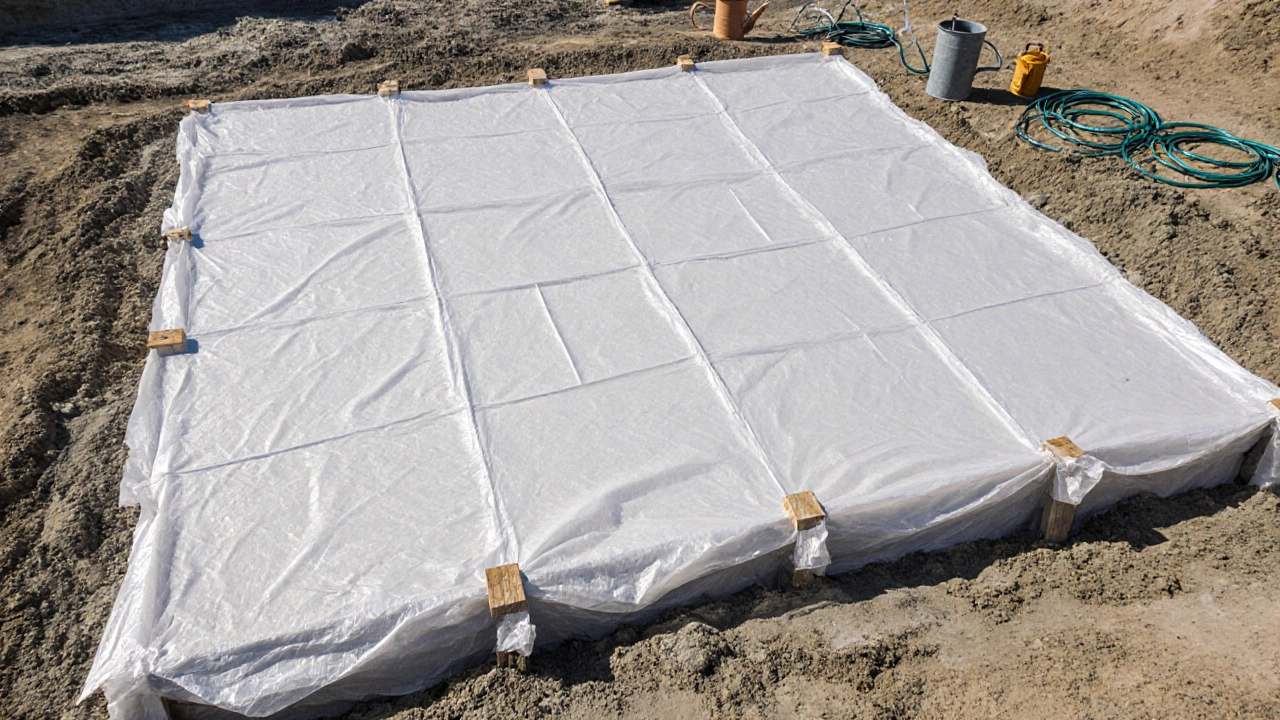 Бетонный фундамент накрыт полиэтиленовой плёнкой на деревянных рейках для сохранения влаги.