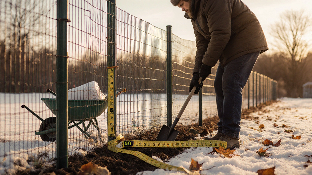 Человек устанавливает забор из сетки-рабицы своими руками осенью, с лопатой и уровнем, на фоне земли и мешков с бетоном.