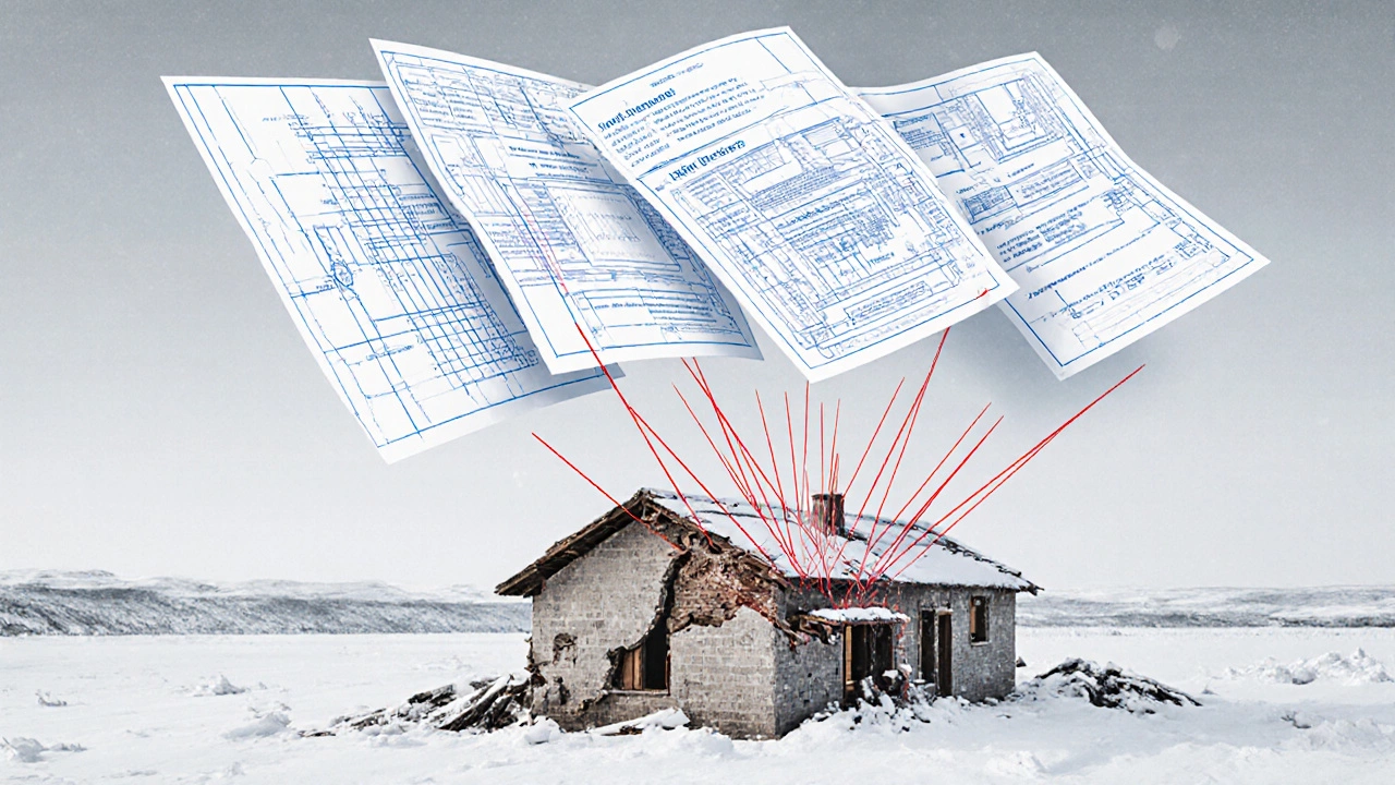 Дом с нависающими чертежами расчетов, в то время как сам дом разрушается от ошибок без проекта.