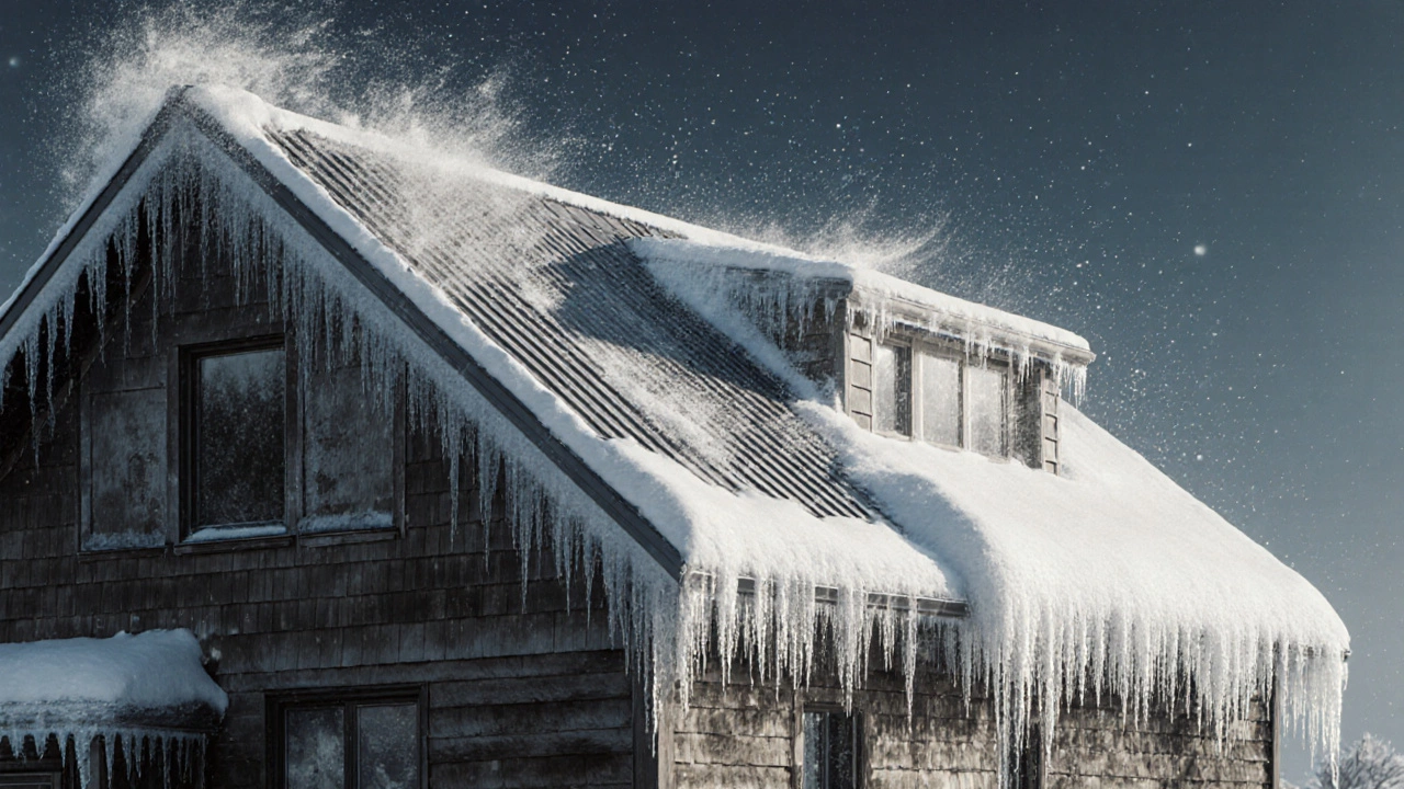 Дом в Сибири с крутой крышей, на которой снег скатывается, и сравнение с плоской крышей под тяжестью снега.