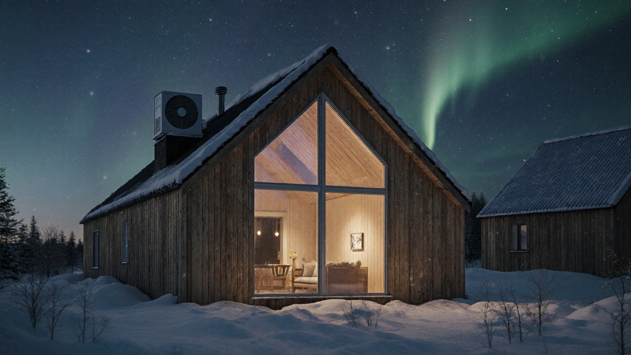 Энергоэффективный деревянный дом в Барнауле зимой с тёплым светом внутри при -40°C.