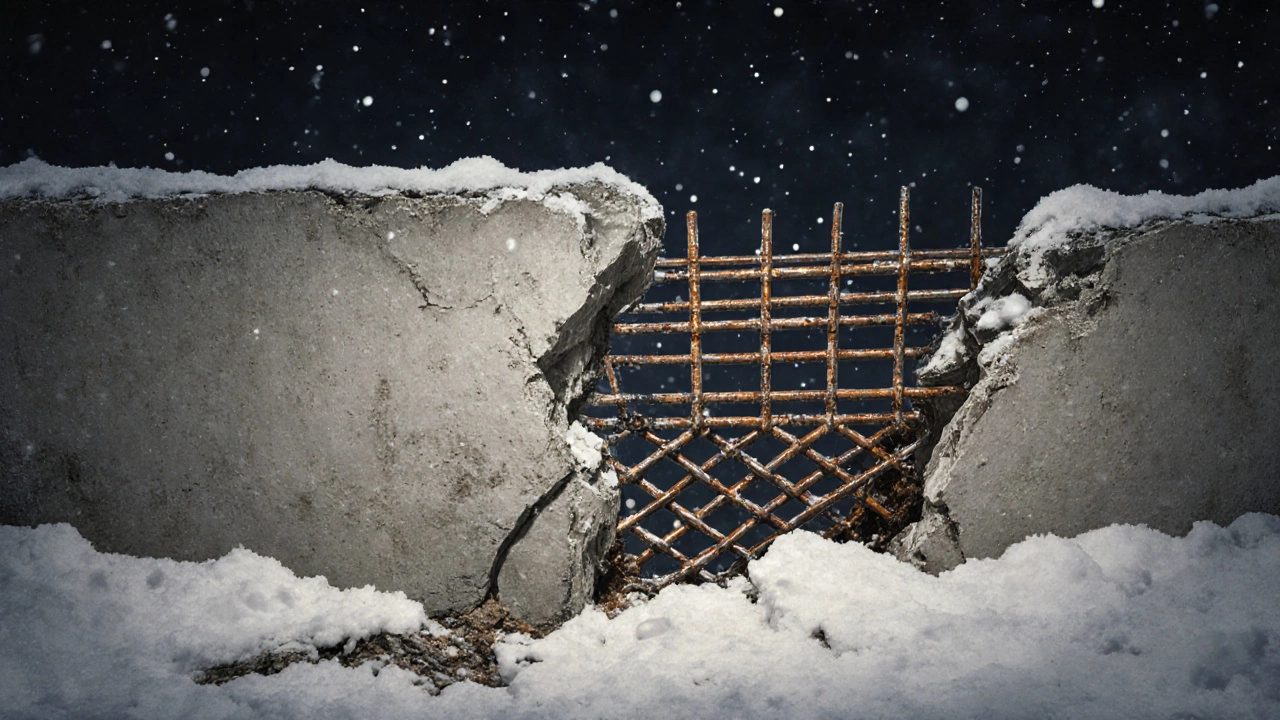 Контраст: целый армированный фундамент слева и разрушенный без арматуры справа, символизирующий последствия ошибок в строительстве.