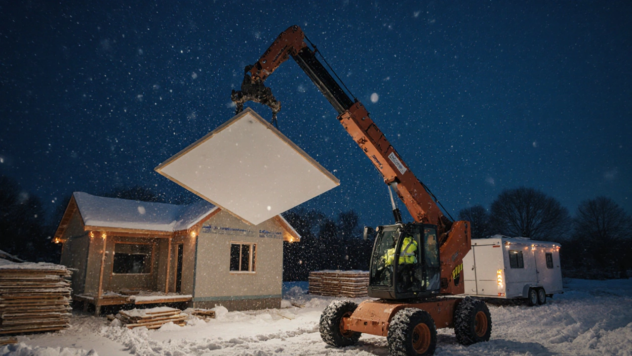 Манипулятор поднимает стеновую панель на стройку коттеджа зимним вечером.