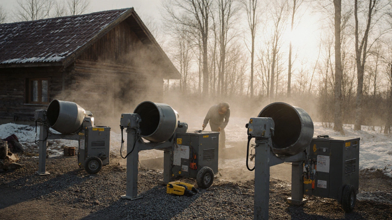Пять электрических бетономешалок на подъездной дорожке у загородного дома в Западной Сибири.