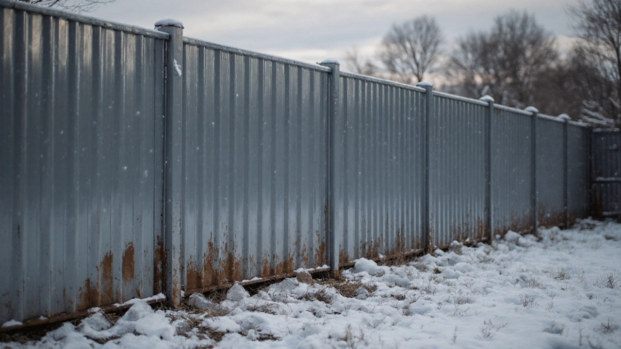 Профнастил на металлических столбах с зазором у земли и налетом снега.
