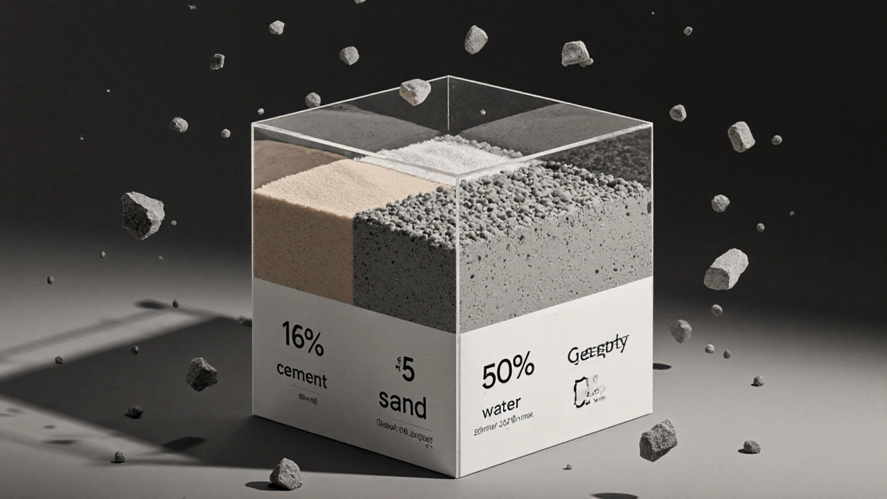 Прозрачная модель бетона из 50 кг цемента с разбивкой по компонентам: цемент, песок, щебень, вода.