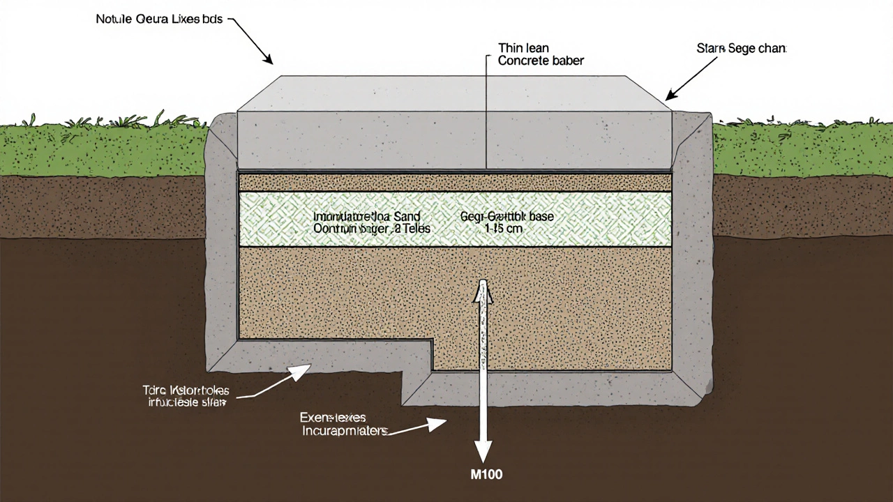 Разрез фундамента на влажной почве: слои щебня, геотекстиля, тощего бетона и армированного фундамента с направлением дренажа.