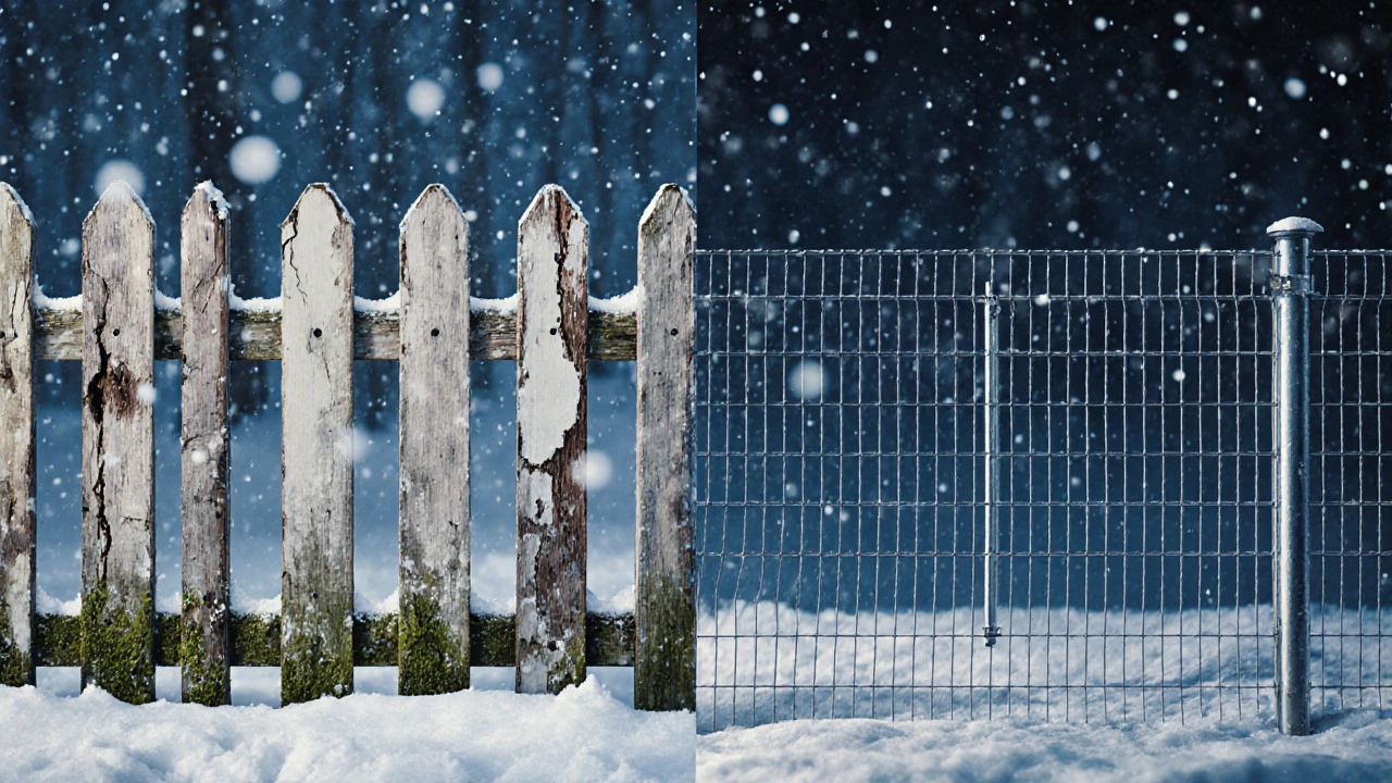 Разрушающийся деревянный штакетник рядом с целой металлической сеткой в снегу.