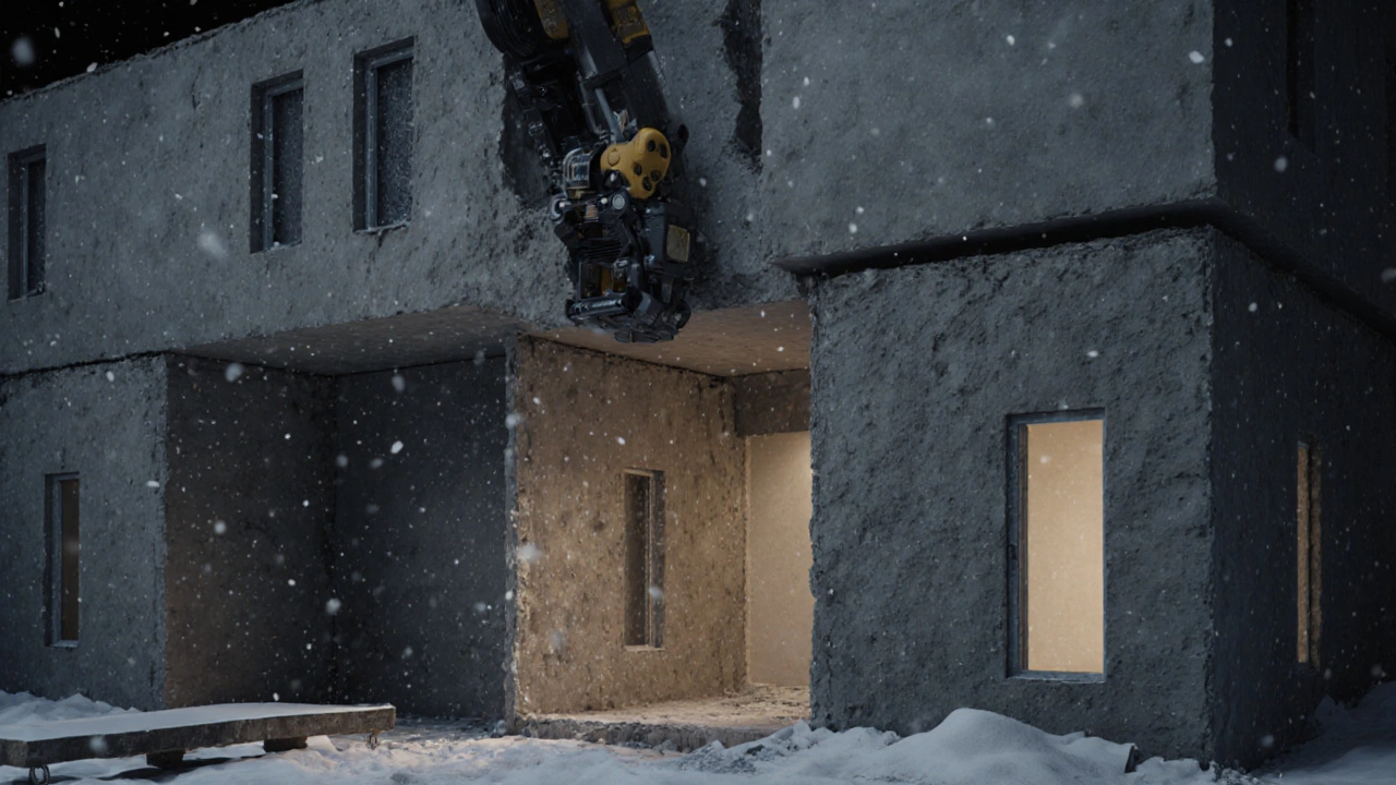 Робот-3D-принтер создаёт стены дома из бетона в Красноярске без опалубки.