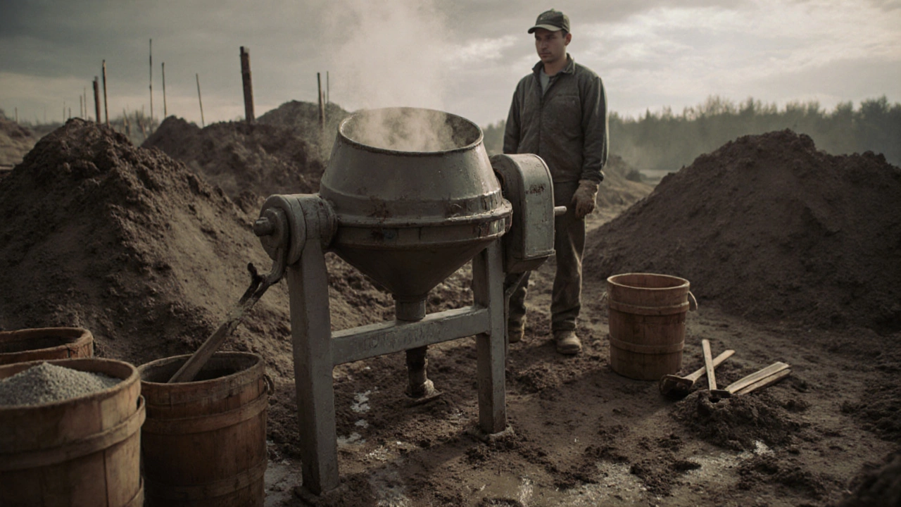 Ручная бетономешалка смешивает цемент, песок и щебень в пропорциях 1:2,5:4,2.