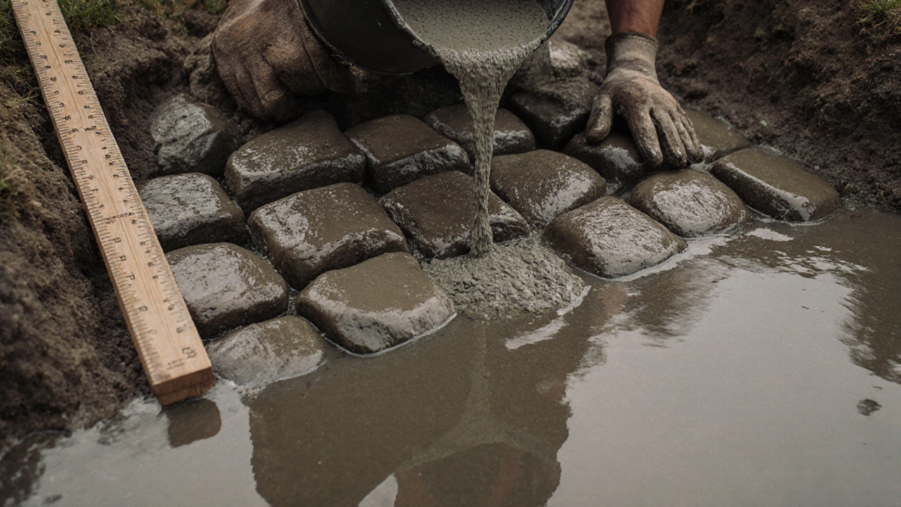 Рука заливает цементный раствор на плотно уложенные камни в траншее, рядом — измерительные инструменты.