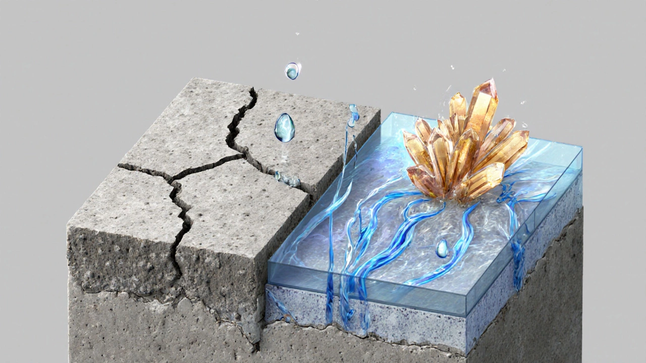 Схематическое изображение процесса гидратации цемента: вода активирует кристаллы, укрепляющие бетон.