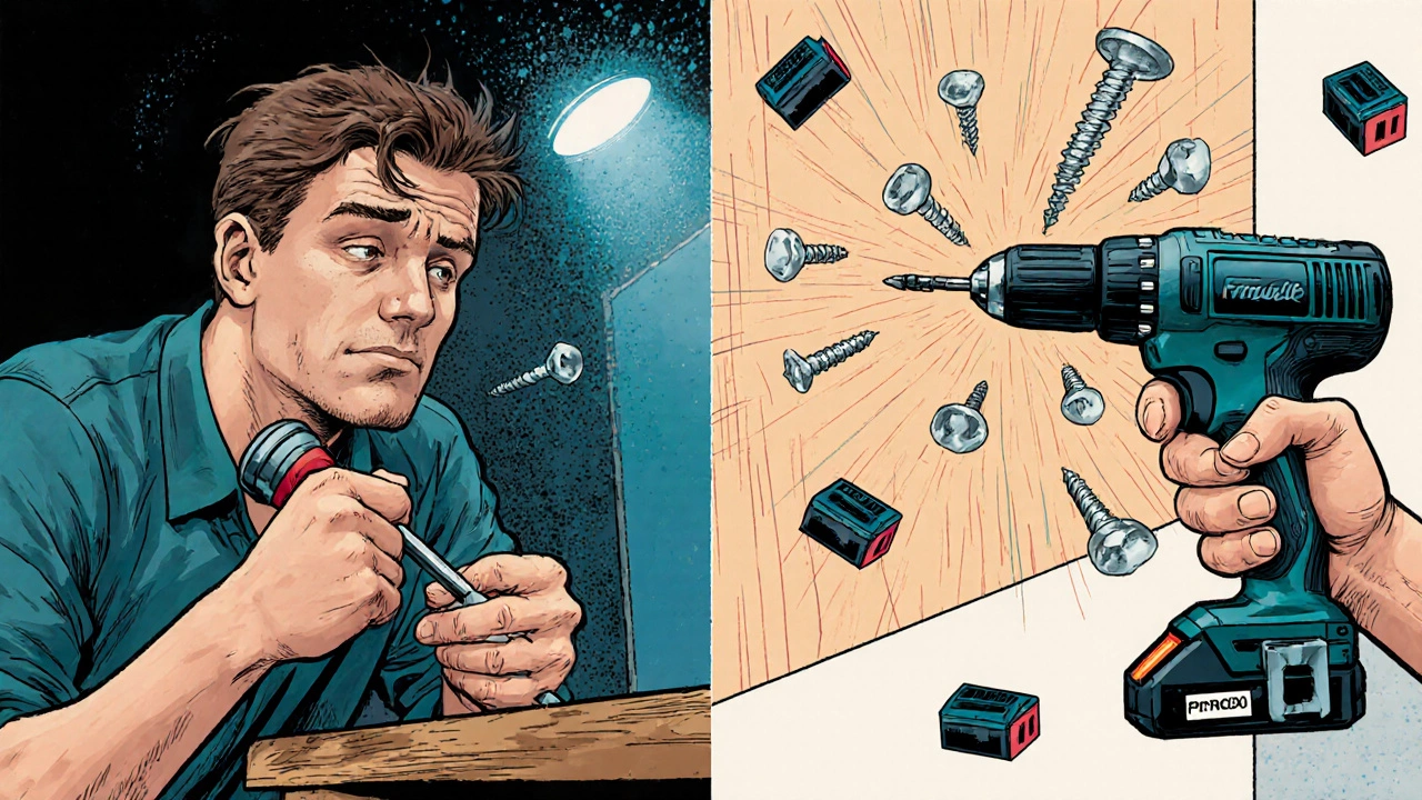 Сравнение ручной отвертки и аккумуляторного шуруповерта в стиле комикса.