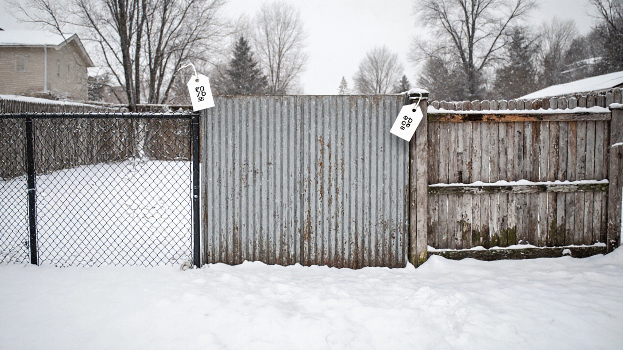 Сравнение трёх типов заборов: сетка, профлист и дерево — на снегу, с видимыми признаками износа.