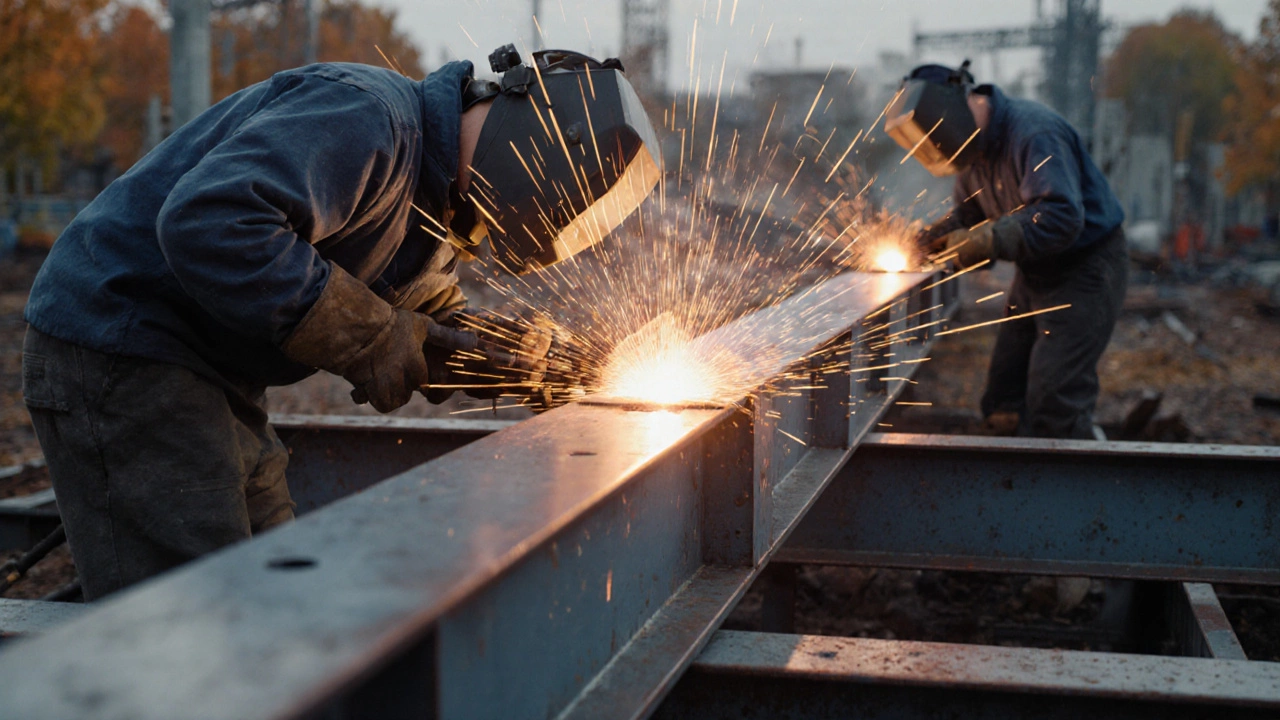 Сварщик применяет обратноступенчатую технологию сварки на длинной стальной балке в осенних условиях.