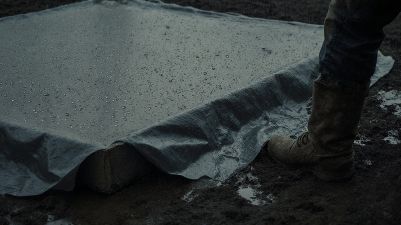 Свежезалитый бетон под дождем, накрытый брезентом, на влажной, но твердой земле.