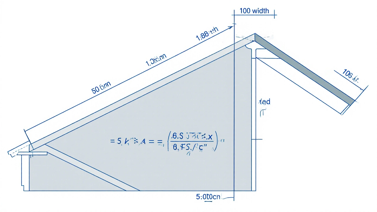 Технический чертёж двускатной крыши с обозначенными размерами и формулой Пифагора.