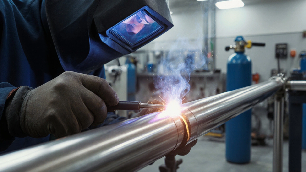 Точная ТИГ-сварка стальной трубы в цеху, золотистый сварочный валик под защитным газом.