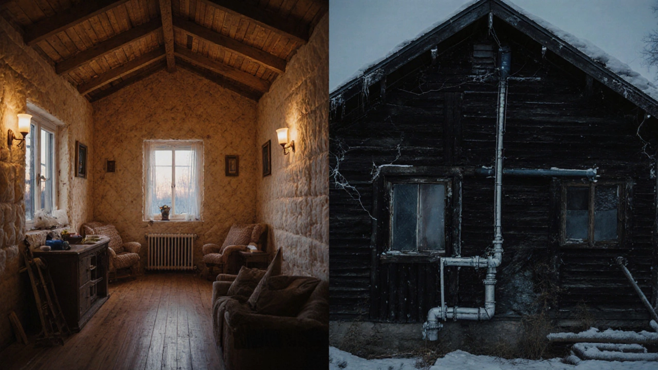 Уютный интерьер правильно спланированного дома в Сибири рядом с разрушающимся самостроем.