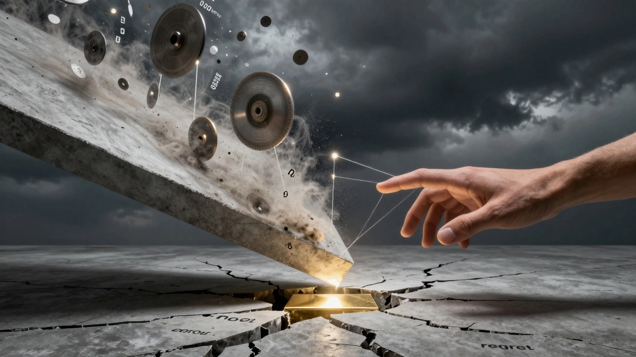 Абстрактное изображение руки, управляющей бетонной плитой, превращающейся в бурю пыли и дисков.