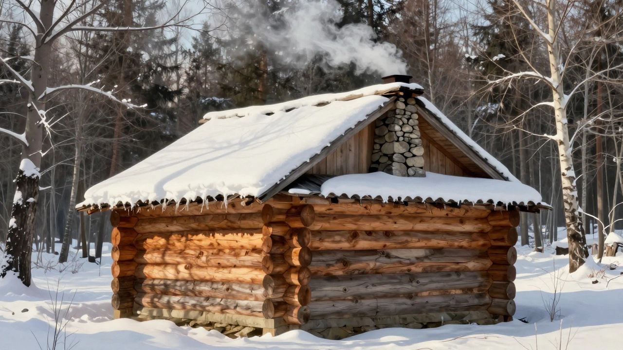 Деревянный дом в сибирской тайге с двойной стеной и дымом из трубы.