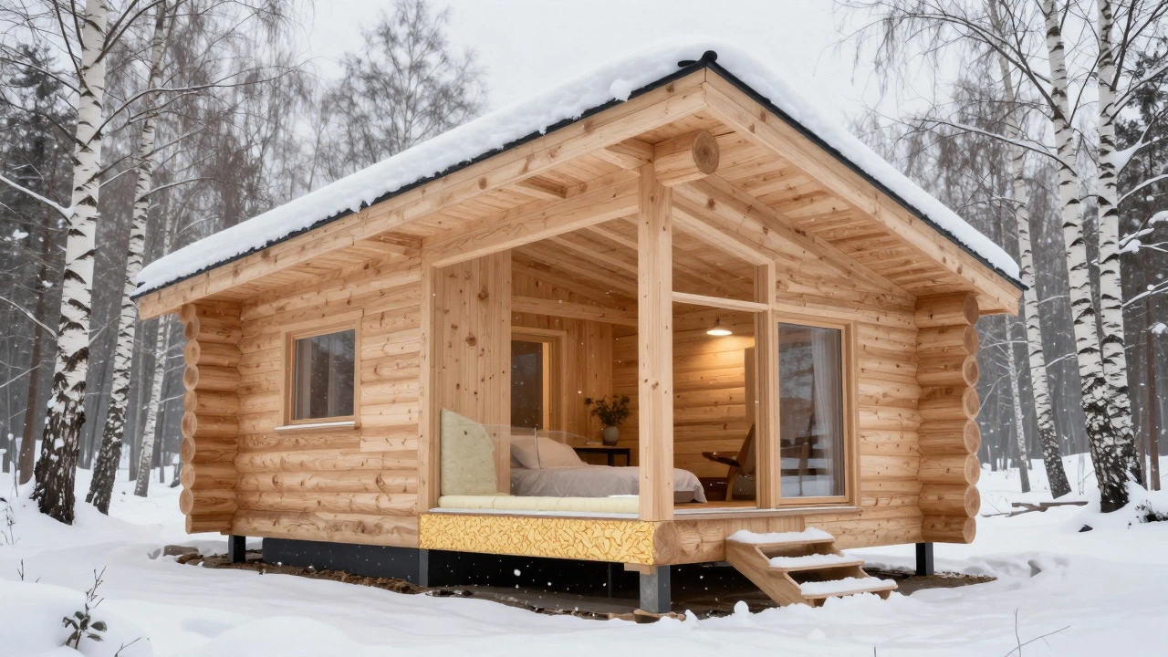 Дом из клееного бруса в сибирском лесу с видимой структурой стены и мягким светом внутри.