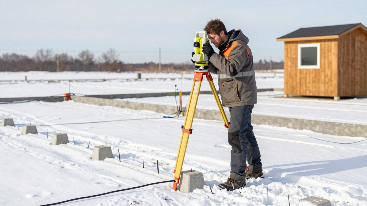 Геодезист работает с теодолитом, отмечая контуры будущего дома на снегу.