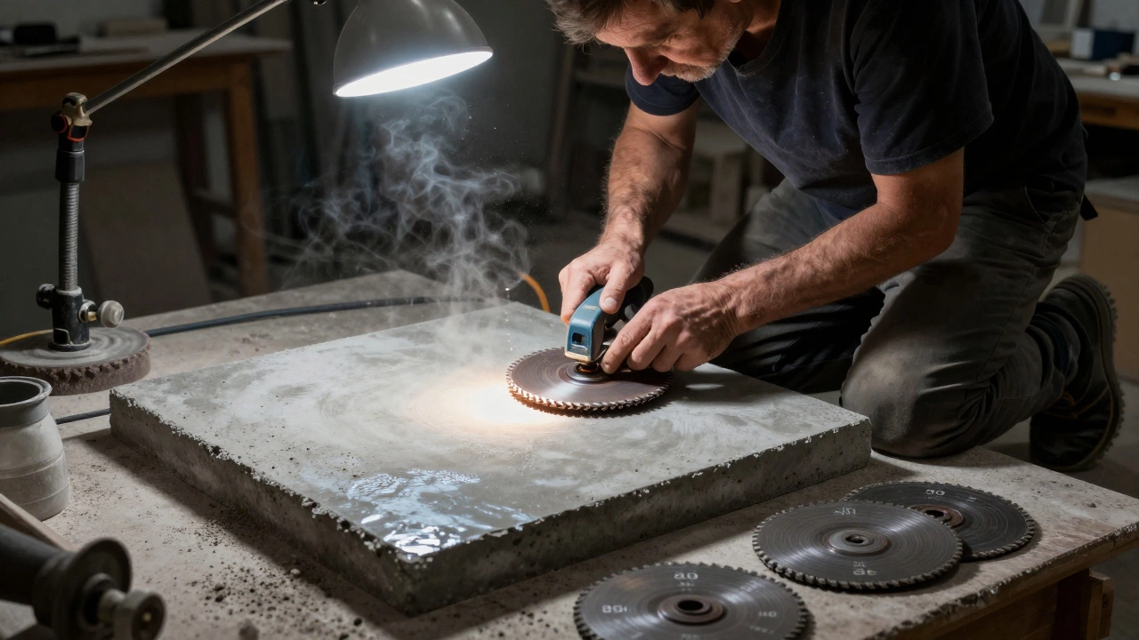 Мастер в мастерской тонко шлифует бетон, рядом лежат три диска разной зернистости.