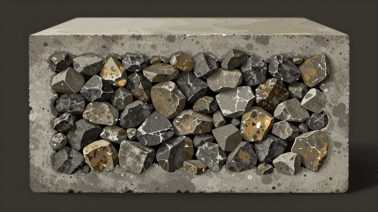 Микроструктура бетона М200: плотное сочетание щебня и цементного камня без пустот и трещин.