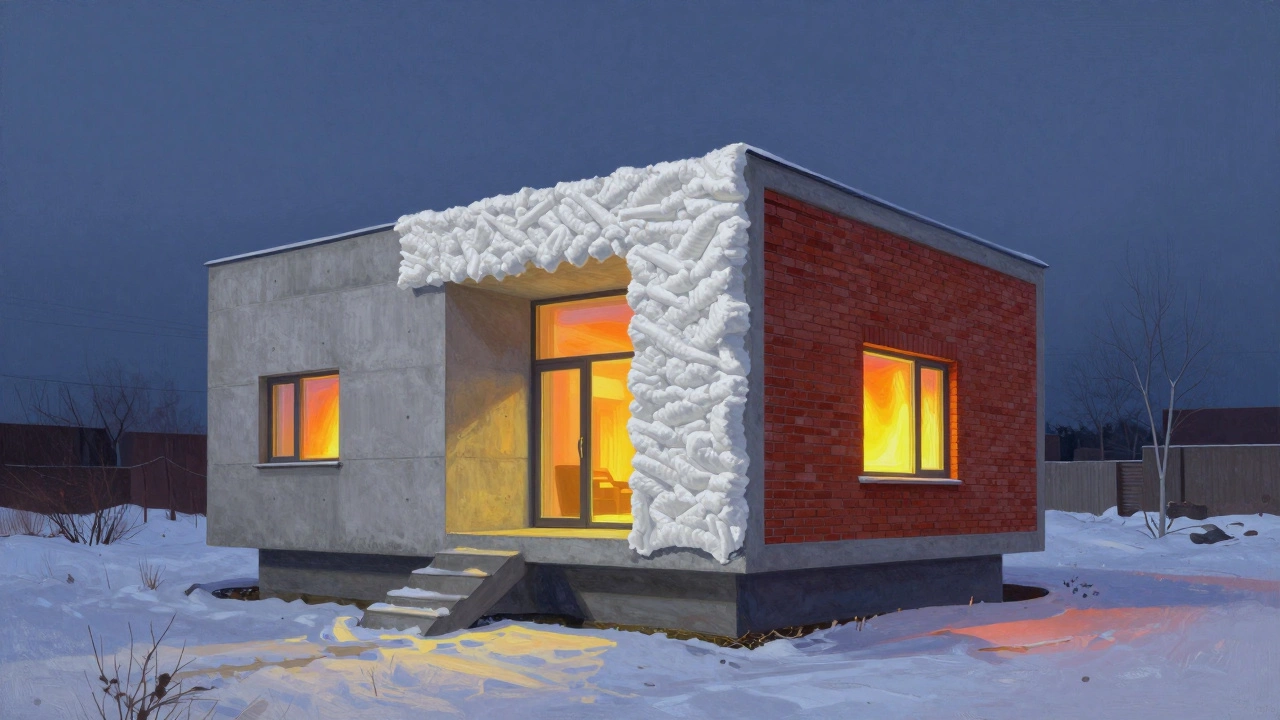Монолитный дом с кирпичной облицовкой и теплоизоляцией на снегу.