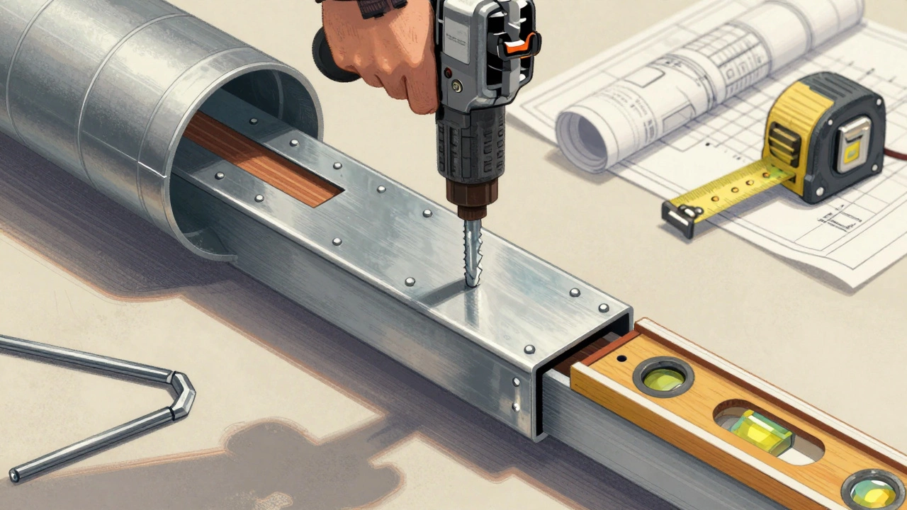 Монтаж вентиляционного канала с заклепочником и уровнем на фоне чертежей.