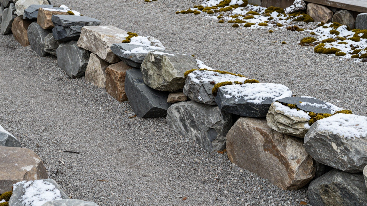 Низкое каменное ограждение из натурального камня и гравия, засыпанное легким снегом.