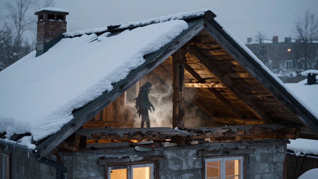 Новая крыша над старой подкладкой, внутри — тени гниющего дерева и пар от конденсата, зимний пейзаж.