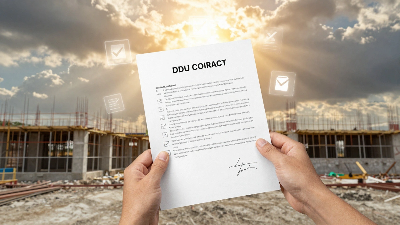 Подписанный договор ДДУ на фоне строящегося фундамента