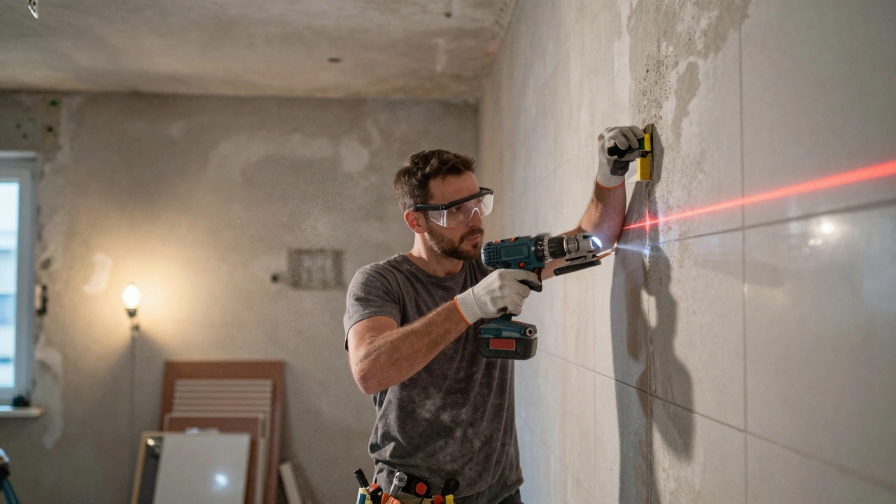 Профессионал использует дрель и болгарку в ремонтируемой квартире, на стене видна лазерная линия уровня.