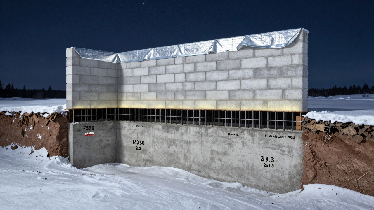 Разрез фундамента дома в Сибири: бетон, блоки ФБС и гидроизоляция под вечной мерзлотой.