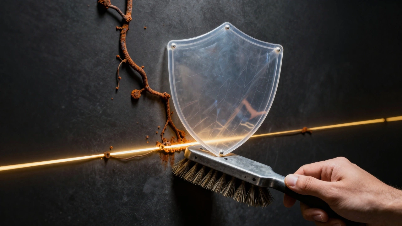 Рука чистит шов щеткой, над ним — символы ржавчины и защитного покрытия, подчеркивающие долговечность.