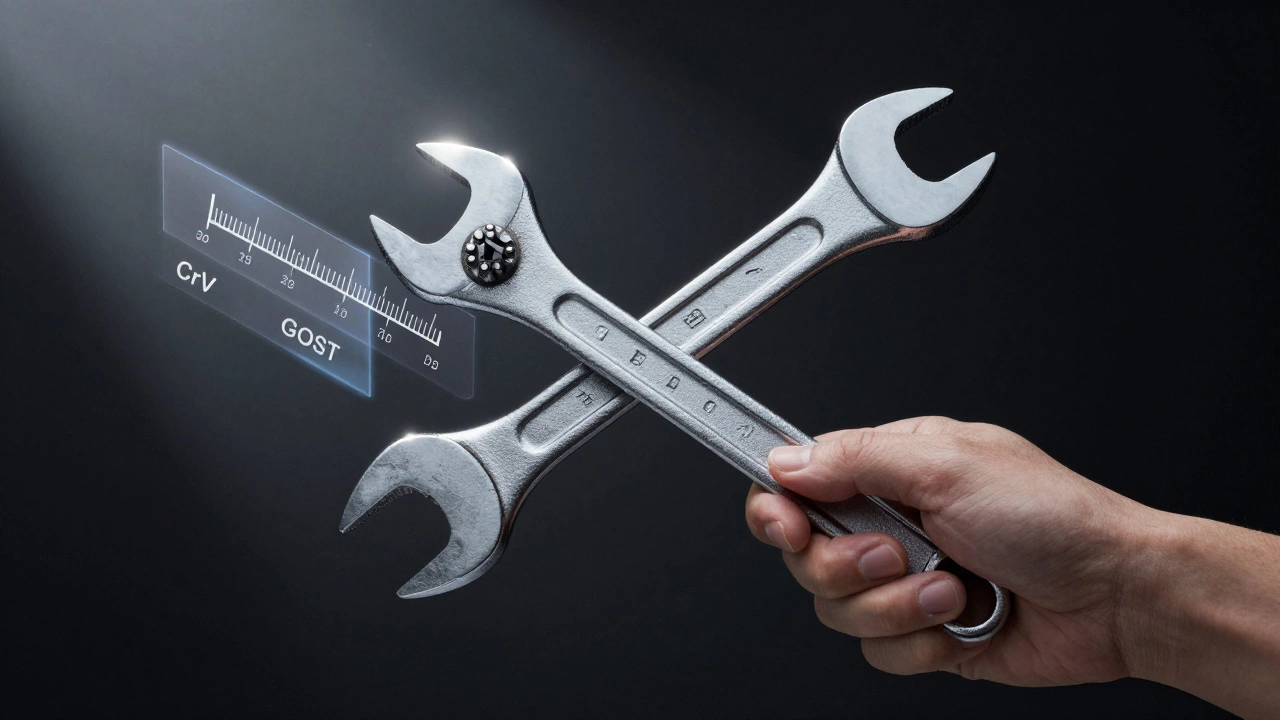 Рука держит качественный гаечный ключ с голограммами его характеристик.