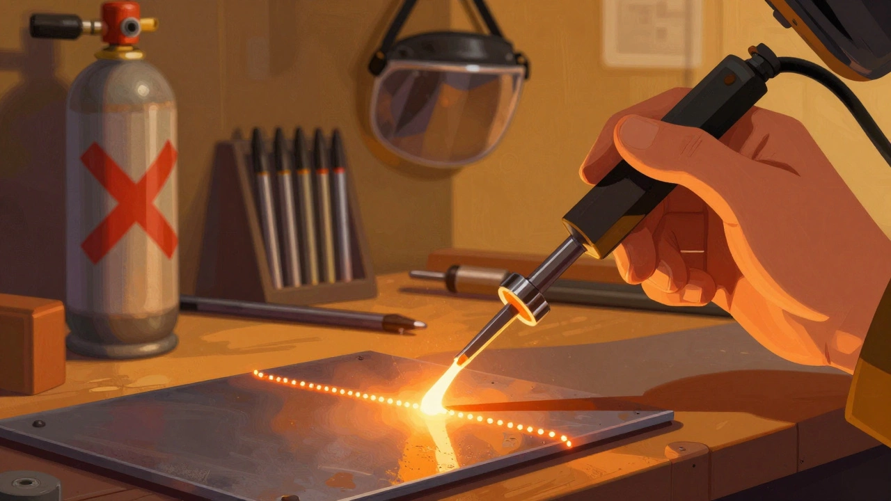 Рука сварщика ведёт электрод под углом, создаёт ровный шов, вокруг — инструменты и искры.